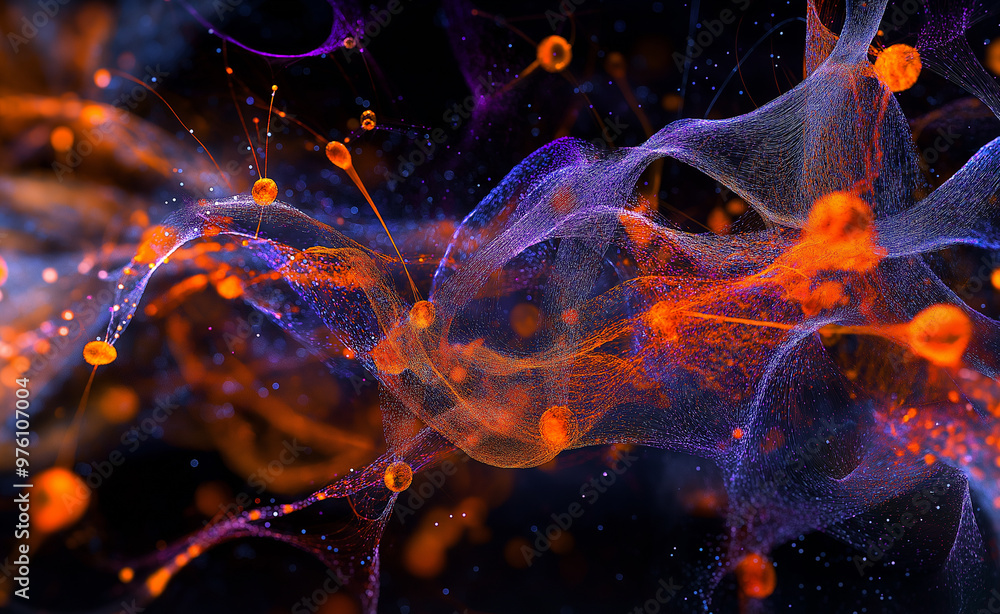 Poster abstract waves of glowing orange and purple particles flow through a dark background, creating a dyn
