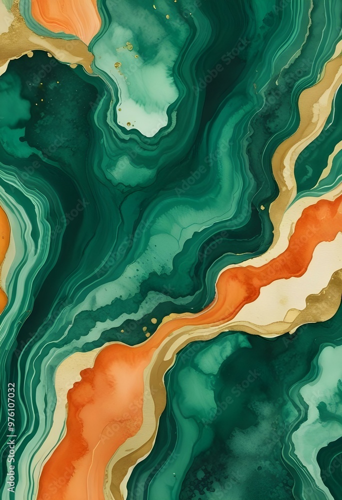 Sticker Textured malachite slab displaying swirling patterns of green and black, placed on a wooden surface to provide contrast and warmth to the image., navy blue, white and bold yellow color scheme, golden 