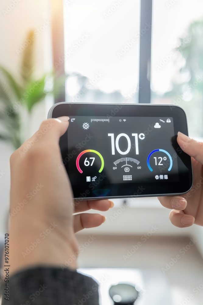 Poster smart thermostat for energy efficient hvac system with intuitive user interface displaying savings