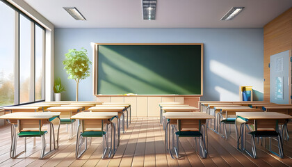 Fototapeta premium Modern Classroom Interior with Empty Desks and Blackboard. 3D Rendering