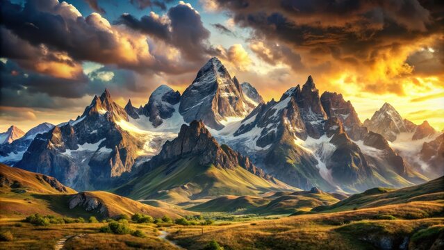 Wild mountains landscape poster template for digital design featuring majestic peaks, rugged terrain, and dramatic skies