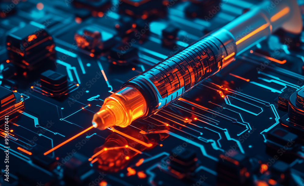 Poster a syringe filled with liquid rests on a glowing circuit board, symbolizing the intersection of techn