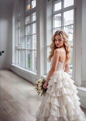 Obraz premium A young elegant blonde woman in a bridal gown