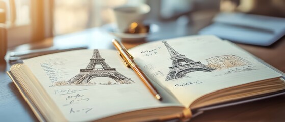 A beautiful sketch of the Eiffel Tower in a notebook, showcasing creativity and travel inspiration.