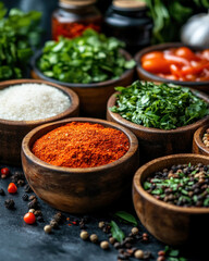 A beautiful array of spices, herbs, and fresh ingredients laid out for a gourmet dish, ready to be prepared.