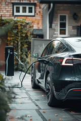 Naklejka premium Modern Electric Car Charging at Home Station in Suburban Driveway - Ideal for Eco-Friendly Living Concepts