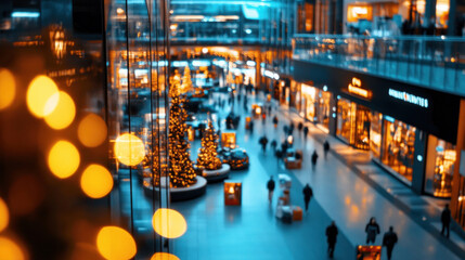 Obraz premium A busy shopping mall during a sale event, with people carrying bags and colorful store displays