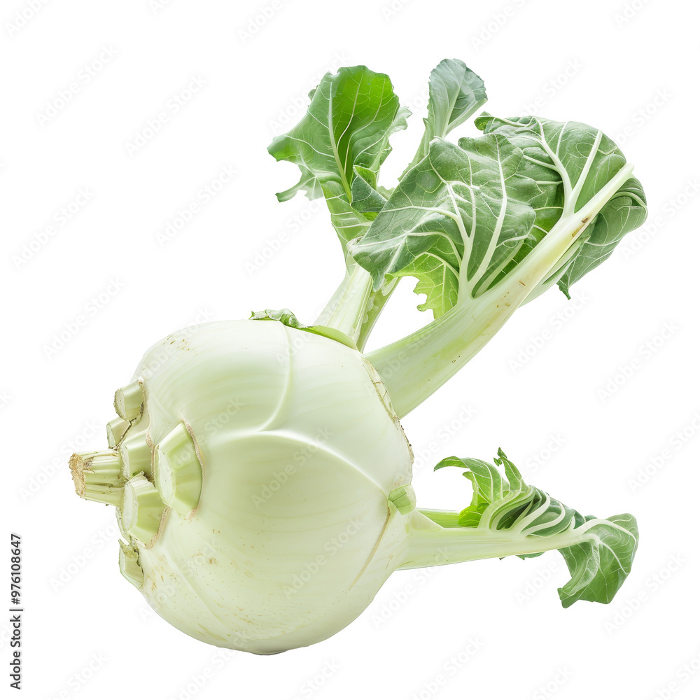 Poster fresh kohlrabi with green leaves displayed on a transparent background showcasing its unique round s