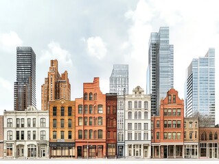 Obraz premium A striking mix of modern and historic architecture lining a city street, showcasing urban diversity and design.