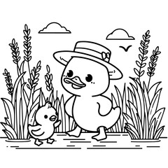 Duck Adventure Coloring Book Illustration Drawing