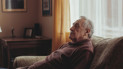 Elderly man sitting alone in a softly lit room, looking thoughtful.