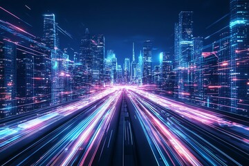 Dynamic cityscape with illuminated skyscrapers and light trails, reflecting the pulse of urban life and modern technology.