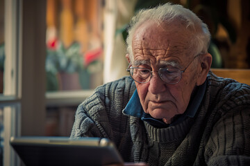 Senior Man Engaging in Digital Literacy Workshop, Learning to Use Tablet Device