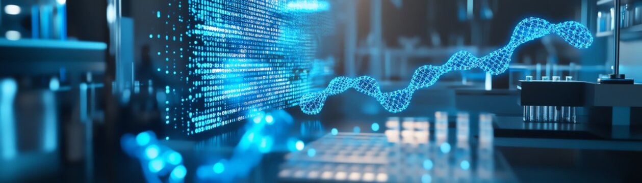 Futuristic data visualization in a lab setting showcasing digital analytics and advanced technology.
