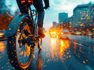 A cyclist riding through a busy city street, part of an eco-friendly urban transportation system.