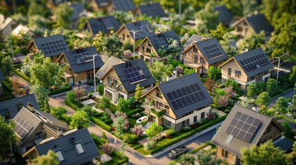 Sustainable Eco-Friendly Community with Solar Panels and Wind Turbines for Renewable Energy