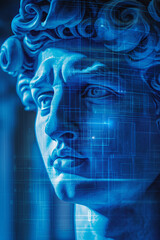 Obraz premium Classical Statue with Digital Overlay Representing Technology and Art Fusion