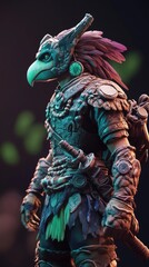 Fototapeta premium Amazoniapunk adventurer, green and blue MMORPG character in Blender 3D model with sculpted details on dark background
