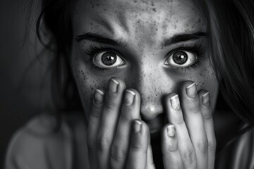 Fototapeta premium A woman with a pockmarked face is looking at the camera with her hands covering , generative ai image