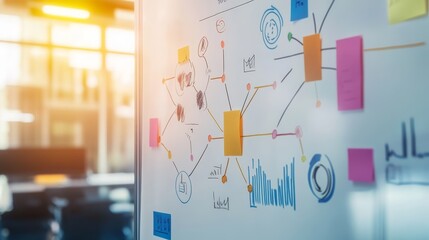 Business plan flowchart on whiteboard in conference room during collaborative planning session