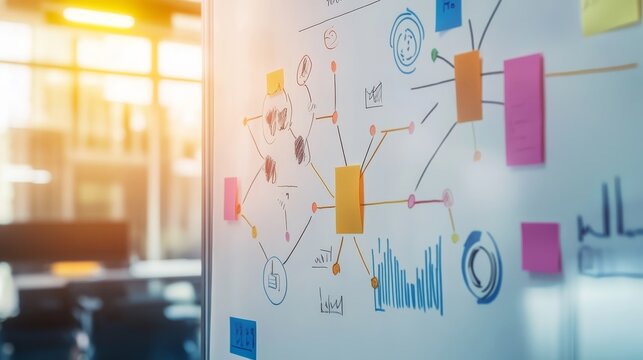 Business plan flowchart on whiteboard in conference room during collaborative planning session