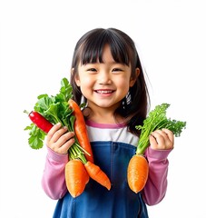 Smiling child holding fresh vegetables on a white background