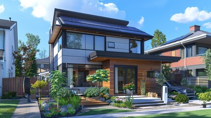 Fototapeta premium Modern Suburban House with Solar Roof and Electric Vehicle Charging Station for Sustainable Living
