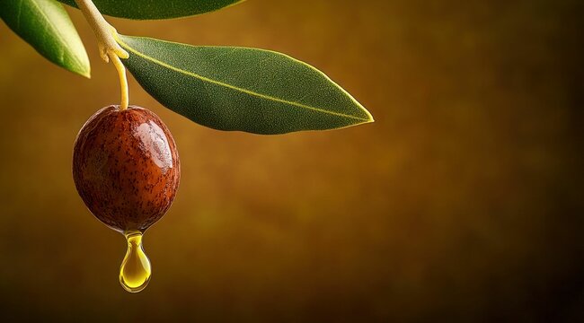 Close-up of a macadamia nut with olive leaf and oil drop, symbolizing purity and freshness. Generative ai