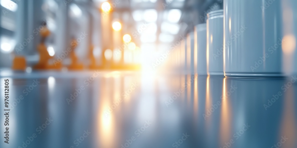 Poster abstract image of cans on a reflective surface with warm light, creating a modern industrial atmosph