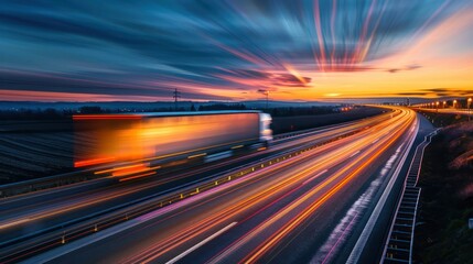 Obraz premium Truck on Highway at Sunset
