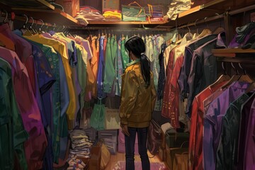 Naklejka premium A girl is standing in a closet full of clothes