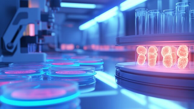 Futuristic biotech lab with rows of petri dishes growing GMOs under blue light