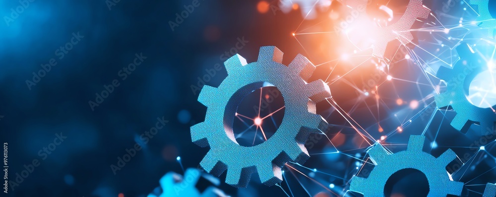 Poster abstract technology background with gears symbolizing innovation, teamwork, and automation in a digi