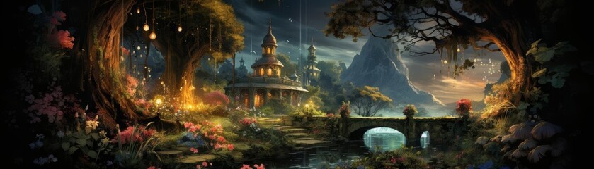 Obraz premium A peaceful illustration of a small garden with a fountain and evening lights