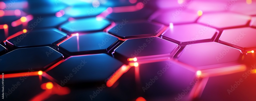 Poster captivating futuristic hexagonal background with vibrant neon colors, ideal for technology and abstr