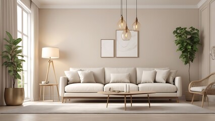 Interior of living room with cozy white sofa, armchair and lamps