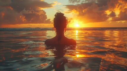 Silhouette of a woman in the ocean, enjoying a golden sunset.