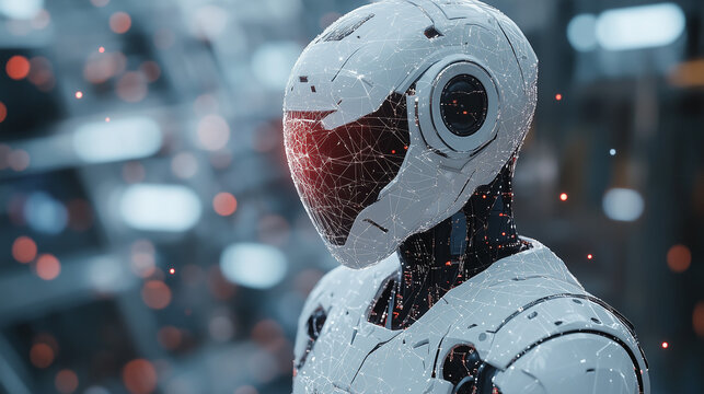 Machine learning, white humanoid robot, Science and artificial intelligence technology