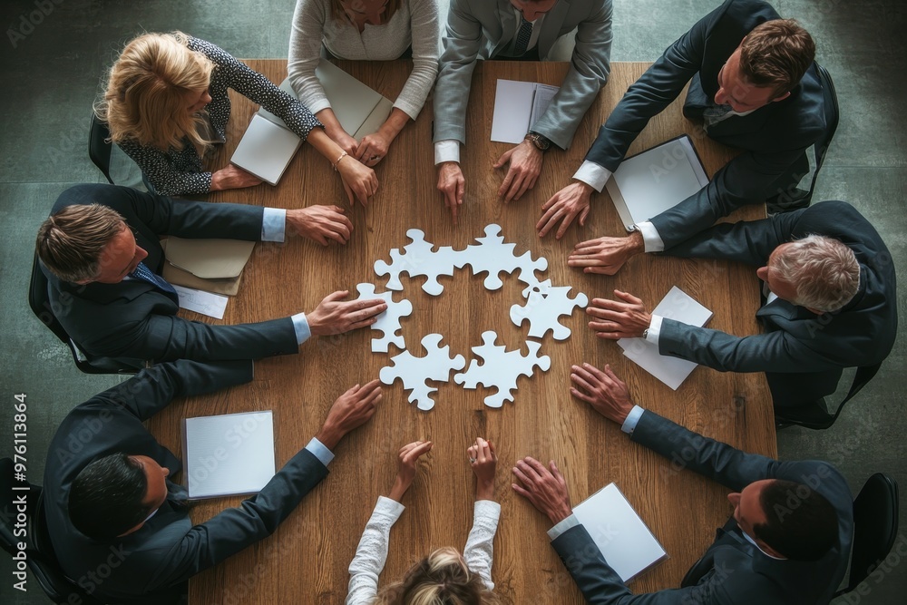 Poster collaborative business team meeting concept featuring unity through jigsaw puzzle elements