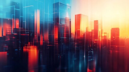Fototapeta premium Vibrant abstract technology background with blurred cityscape and geometric shapes for design