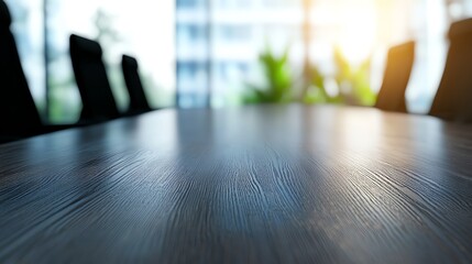 Fototapeta premium Close-up of a modern conference table with soft lighting, ideal for showcasing professional meetings or discussions.