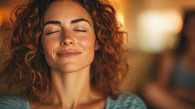 A guided meditation class in a modern studio, where participants focus on inner peace and relaxation, surrounded by soothing music.