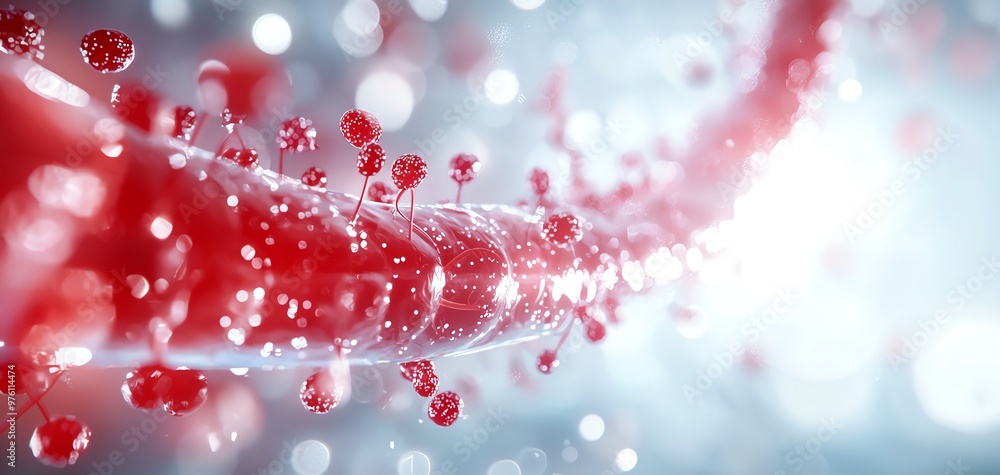 Aufkleber close-up view of dynamic red particles flowing through a translucent vessel, showcasing fluid motion