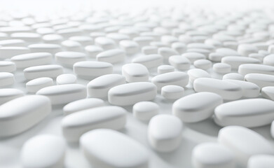 A large collection of white pills scattered on a clean surface, representing medication or supplements.