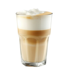 Delicious layered latte in a clear glass, showcasing frothy milk and rich espresso, perfect for any coffee lover at a cozy café