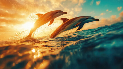 A pair of dolphins jumping gracefully out of the ocean, creating splashes under the bright sun