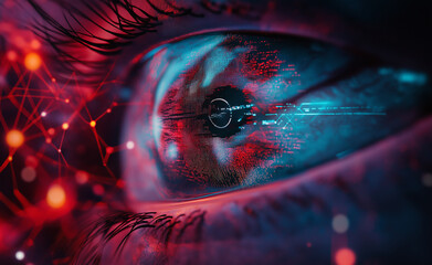 A close-up of a human eye reflecting digital and technological imagery, symbolizing advanced technology and human connection. 
