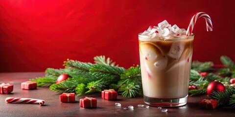 Iced holiday peppermint cold brew with milk on a red background with copy space