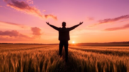 Fototapeta premium Person standing in open field at sunrise, ready to embrace new opportunities