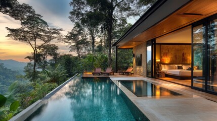 Luxury hotel room with pool villa, lush plants, and stunning jungle views for travelers.